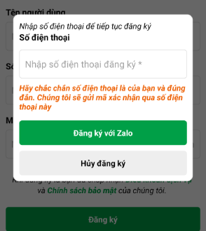 Nhập số điện thoai đăng ký